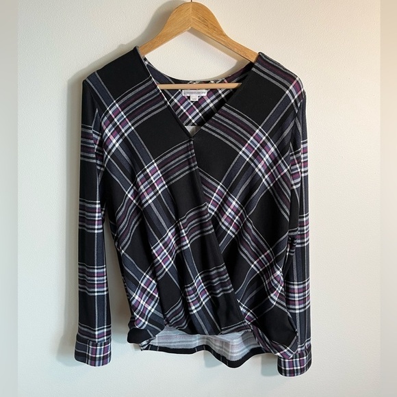 Plaid Medium Cross Front Blouse Top Super Soft Fall Warehouse One - Picture 2 of 7